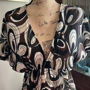 Vintage NY&Co Sheer Abstract Babydoll Blouse M Kimono Sleeve Y2K/90s Boho Grunge